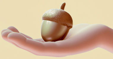 3D render of a hand holding an acorn.
