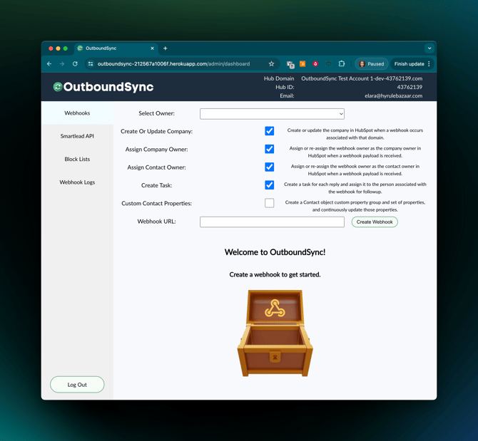 OutboundSync welcome screen without any webhooks setup.