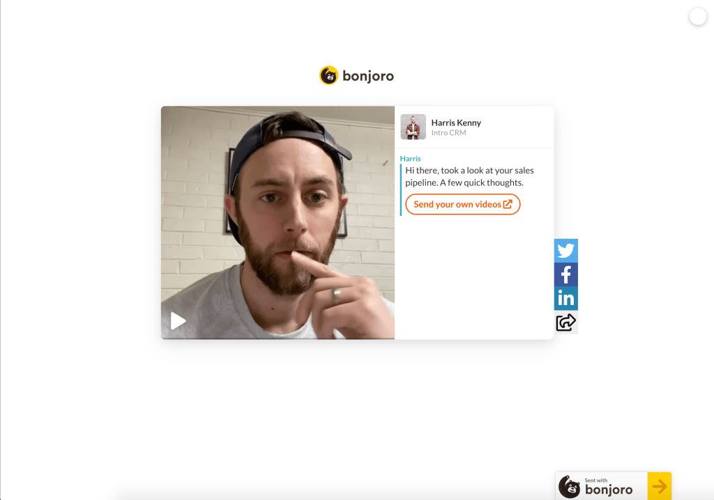 Screen shot of a Bonjoro video for inbound sales demo recorded by Harris Kenny.