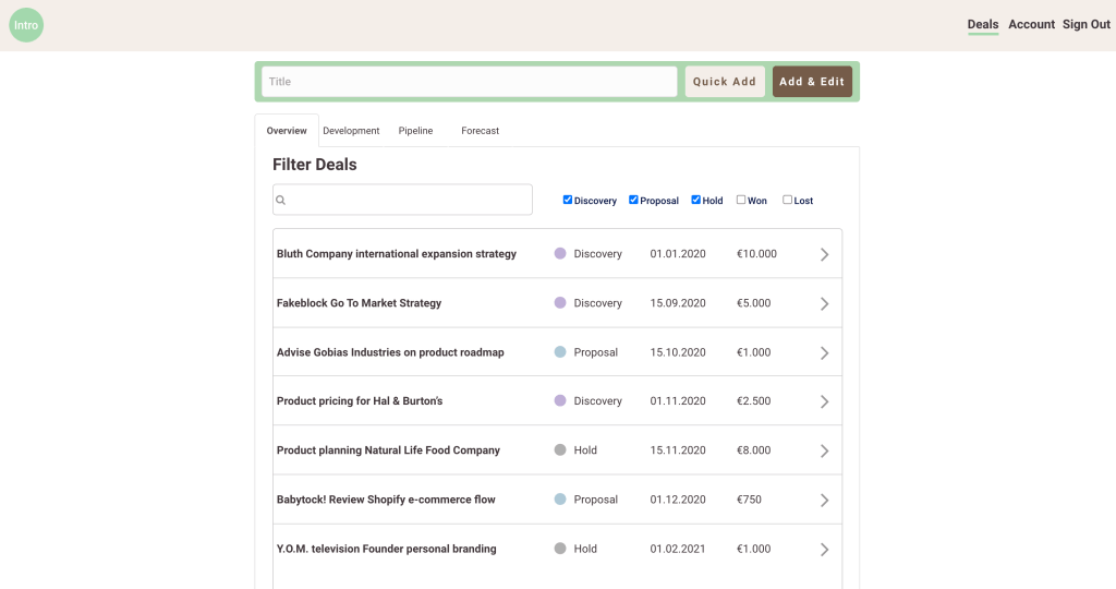 Screen shot of Intro CRM deal tracker.
