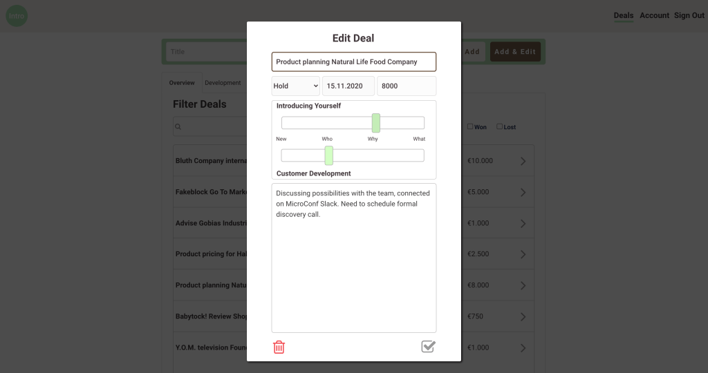 Screen shot for updating deals in Intro CRM.