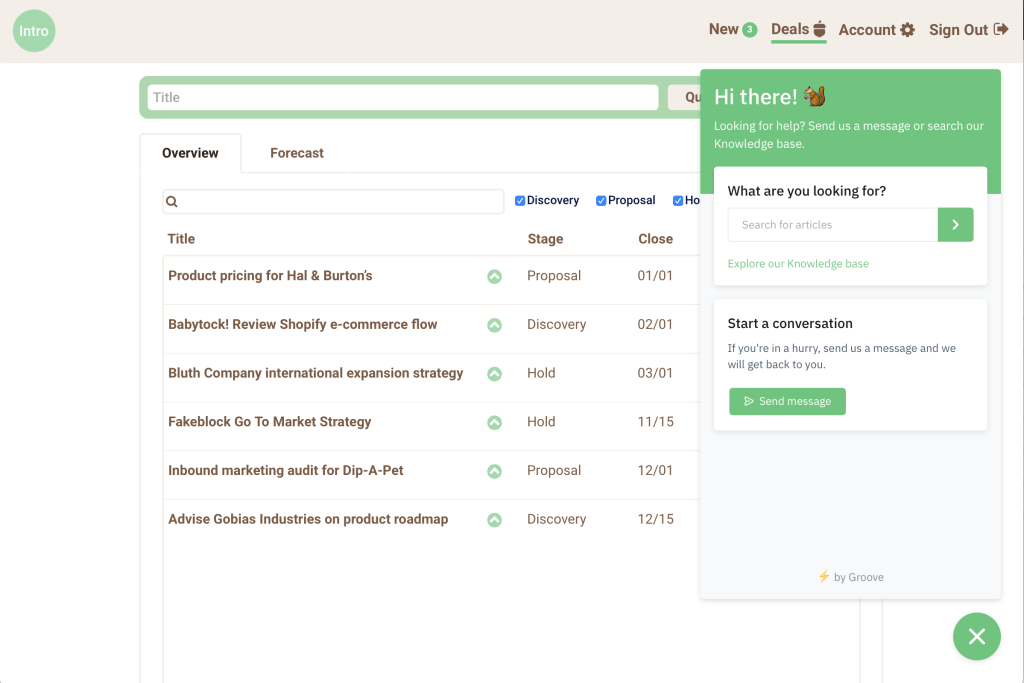Screen shot of Intro CRM knowledge base using Groove.