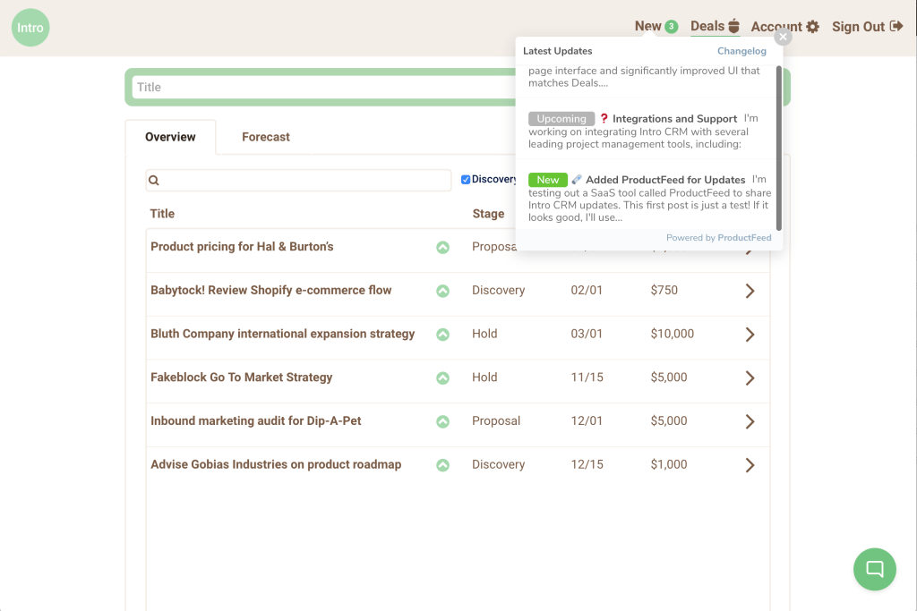 Screen shot of Intro CRM deal tracker.