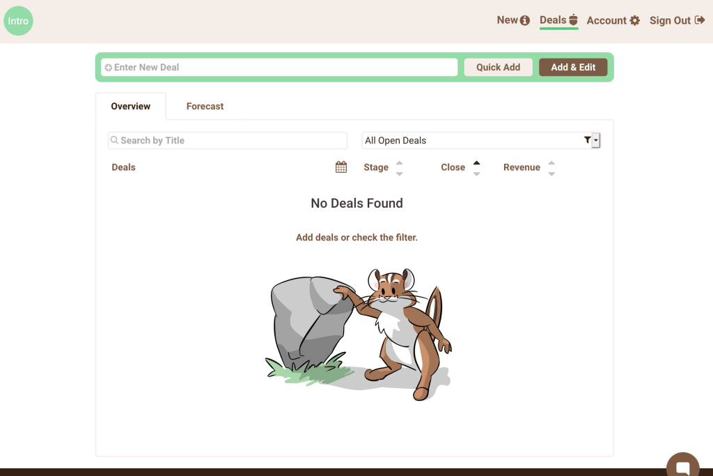 Image of a chipmunk (Intro CRM mascot) holding up a rock looking for acorns, indicating that no deals where found in the deal filter.
