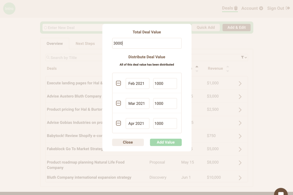 Intro CRM deal value distribution screen shot.