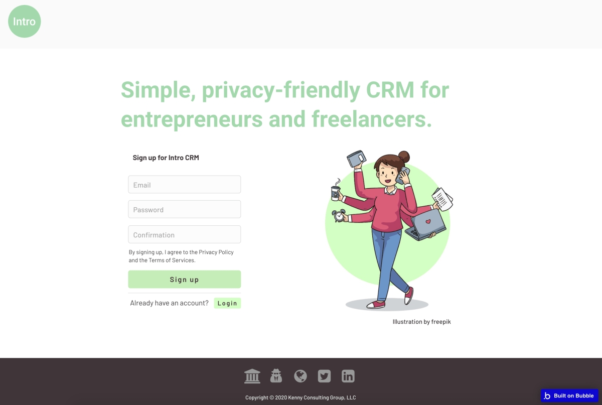 Image of the current index page for Intro CRM sales software, featuring a banner headline, registration form, and illustration of a person multi-tasking.