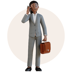 3D render of a person with dark complexion skin, wearing a gray suit, and holding a phone and briefcase to visualize Intro CRM's fractional CRM service