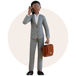 3D render of a person with dark skin, wearing a gray suit, and holding a phone and briefcase to visualize Intro CRM's fractional CRM service 3D render of a person with dark skin, wearing a gray suit, and holding a phone and briefcase to visualize Intro CRM's fractional CRM service
