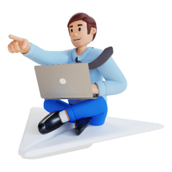 3D render of a person with light complexion skin, wearing a shirt, tie and pants, with a laptop, to visualize Intro CRM's fractional BDR service