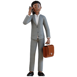 3D render of a person with dark complexion skin, wearing a gray suit, and holding a phone and briefcase to visualize Intro CRM's fractional CRM service